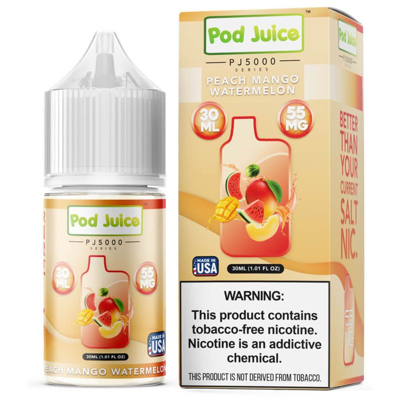 Peach Mango Watermelon Pod Juice 30mL bottle with a tropical mix of peach, mango, and watermelon flavors