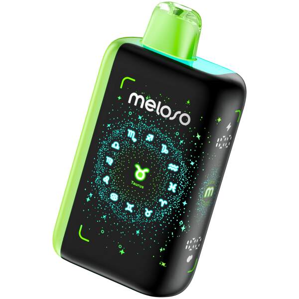 Meloso Geek Bar 30K vape device with a neon green and black design, featuring astrological symbols and the Taurus sign illuminated.