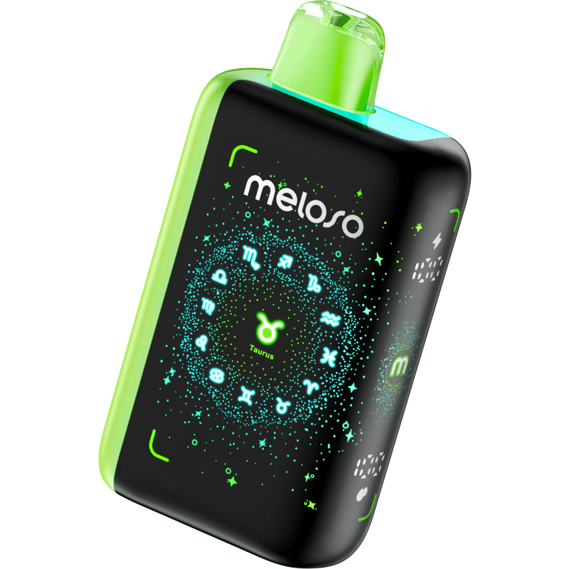 Meloso Geek Bar 30K vape device with a neon green and black design, featuring astrological symbols and the Taurus sign illuminated.