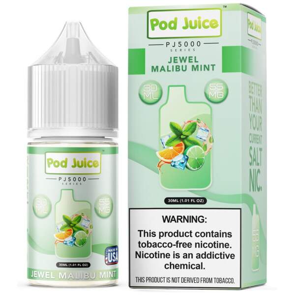 Jewel Malibu Mint Pod Juice 30mL bottle featuring a tropical fruit and mint flavor combination.