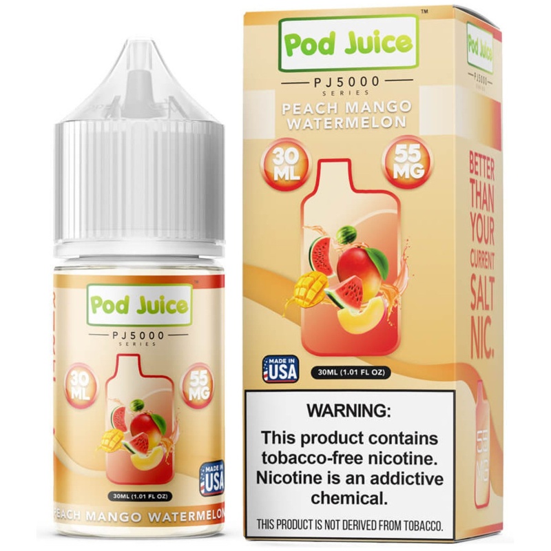 Peach Mango Watermelon Pod Juice 30mL bottle with a tropical mix of peach, mango, and watermelon flavors