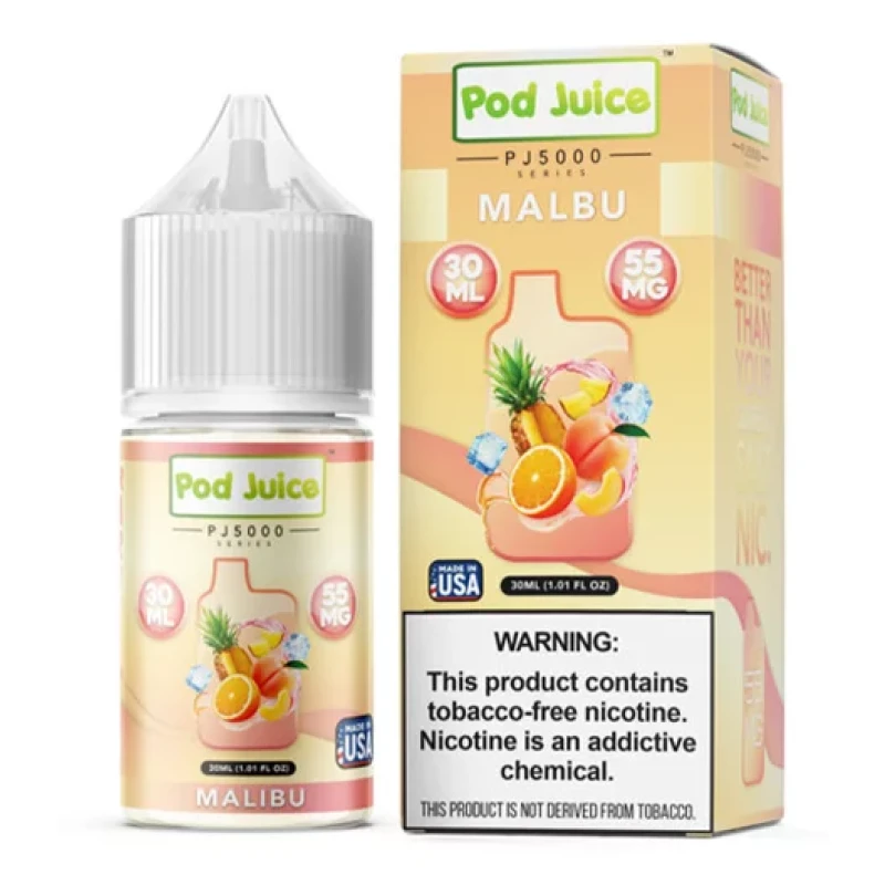 Malibu Pod Juice 30mL bottle featuring a tropical flavor blend of pineapple and coconut.