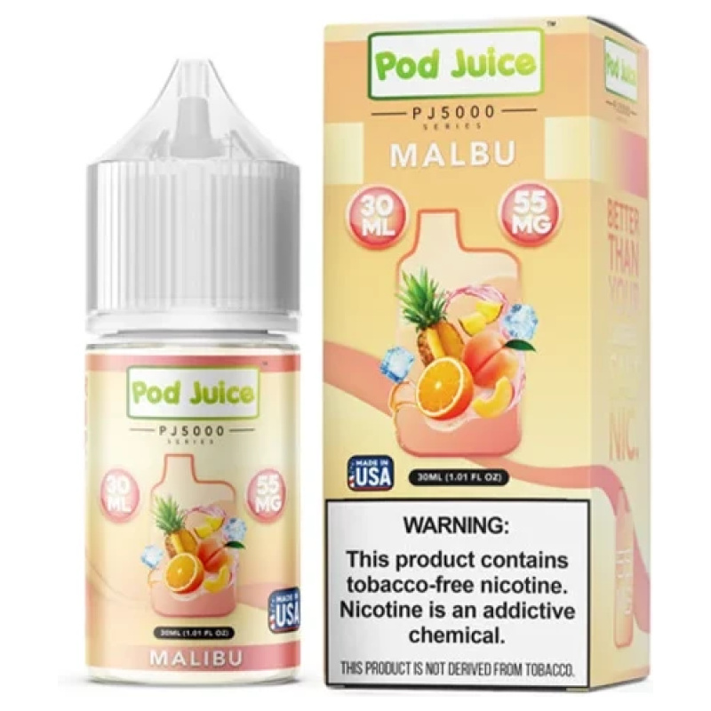 Malibu Pod Juice 30mL bottle featuring a tropical flavor blend of pineapple and coconut.