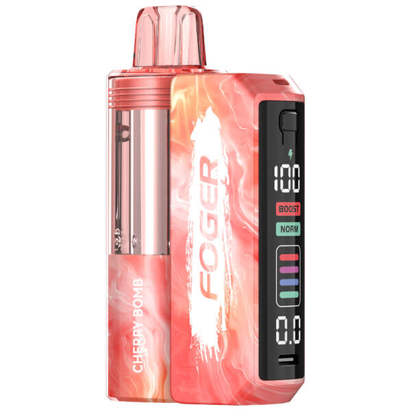Cherry Bomb Foger Switch Pro Kit 30K disposable vape with cherry explosion graphic and sleek red design.
