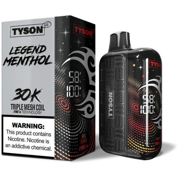 Menthol Silver Tyson 2.0 Legend 30K disposable vape 30000 puffs pure intense menthol clean icy flavor