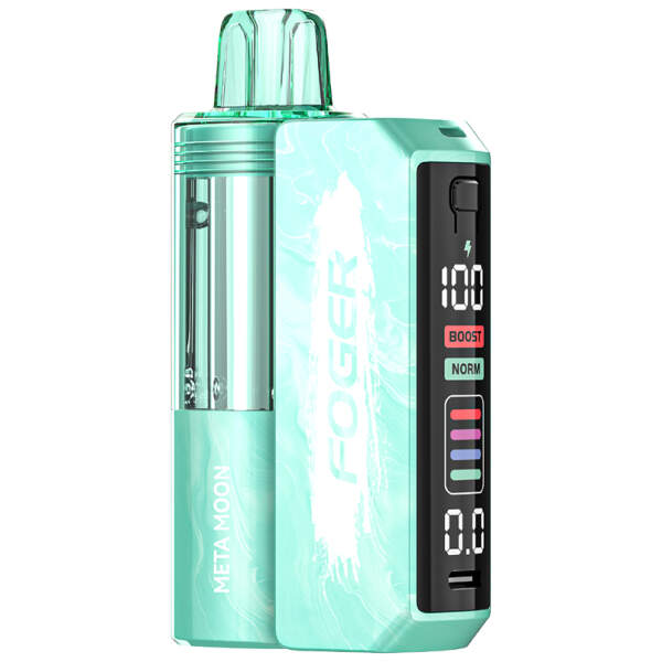 Meta Moon Foger Switch Pro Kit 30K disposable vape with cosmic-inspired design and cool fruity theme on white background.
