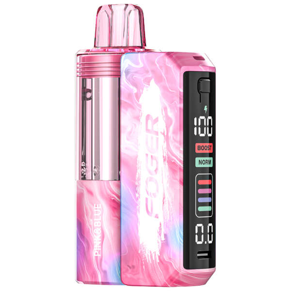 Pink & Blue Foger Switch Pro Kit 30K disposable vape with cotton candy and blue raspberry artwork on a pastel background.
