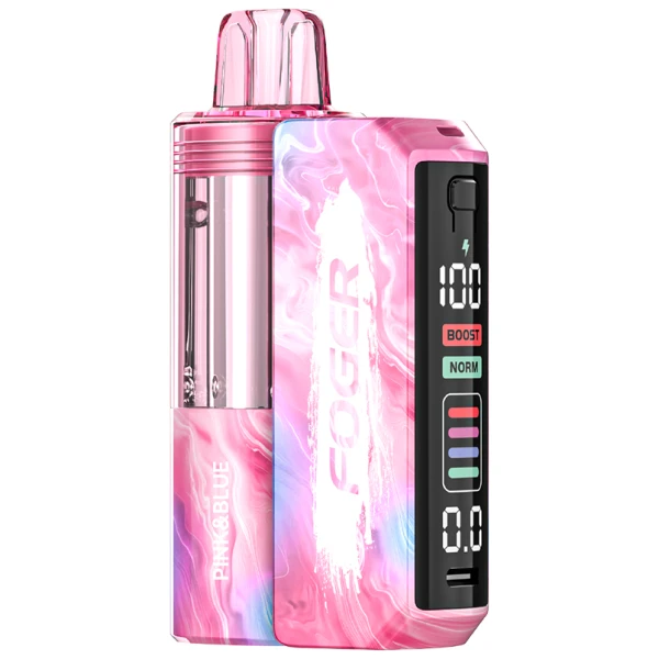 Pink & Blue Foger Switch Pro Kit 30K disposable vape with cotton candy and blue raspberry artwork on a pastel background.