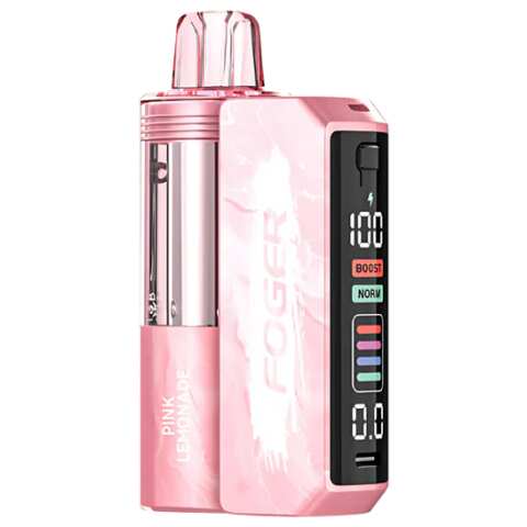 A Pink Lemonade Foger Switch Pro Kit 30K disposable vape with pink lemonade and citrus imagery on a bright background. by Vape4Less.