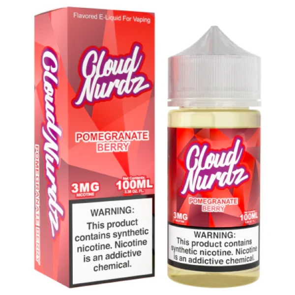 Pomegranate Berry Cloud Nurdz 100ml bottle with graphic of pomegranates and mixed berries