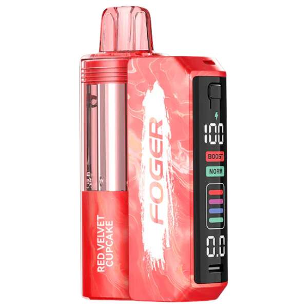 Red Velvet Cupcake Foger Switch Pro Kit 30K disposable vape with red velvet cupcake imagery and sleek device design.