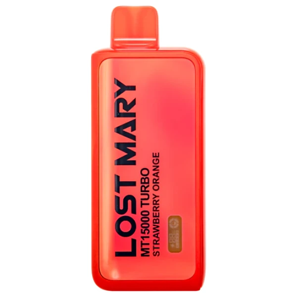 Strawberry Orange Lost Mary MT15000 Turbo disposable vape with strawberry and orange graphics on colorful background.