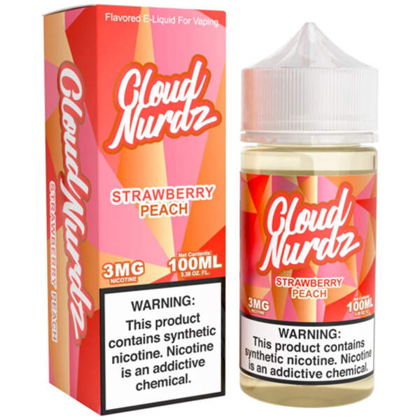 Strawberry Peach Cloud Nurdz 100ml bottle with graphic of strawberries and peaches over a candy background
