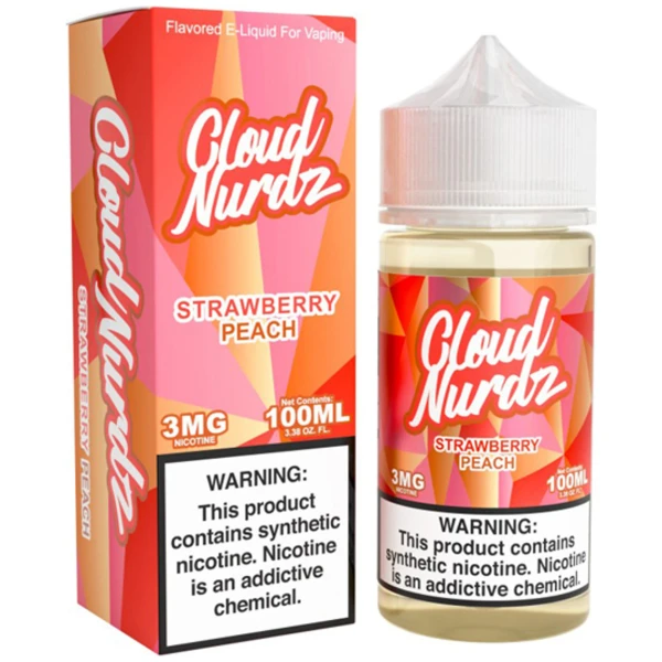 Strawberry Peach Cloud Nurdz 100ml bottle with graphic of strawberries and peaches over a candy background