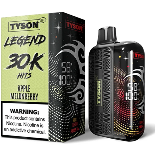 Apple Melonberry Tyson 2.0 Legend 30K disposable vape with apple, melon, and berry artwork and LED screen display.