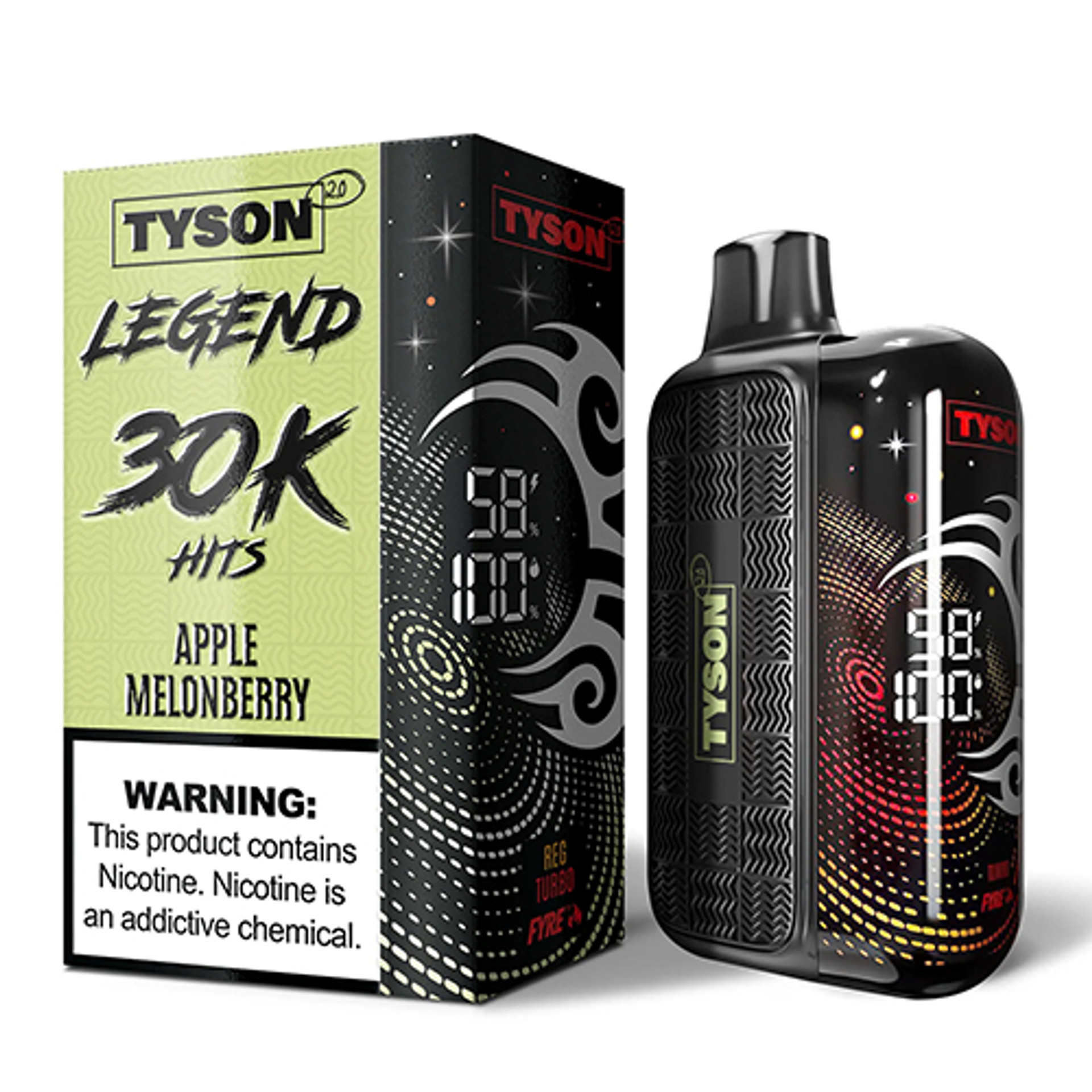 Apple Melonberry Tyson 2.0 Legend 30K disposable vape with apple, melon, and berry artwork and LED screen display.