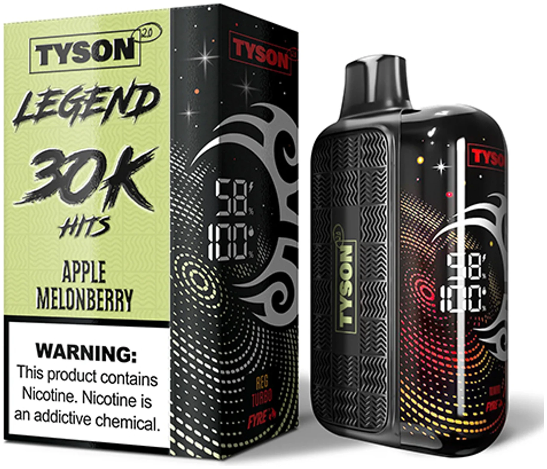 Apple Melonberry Tyson 2.0 Legend 30K Apple Melonberry Tyson 2.0 Legend 30K disposable vape with apple, melon, and berry artwork and LED screen display.