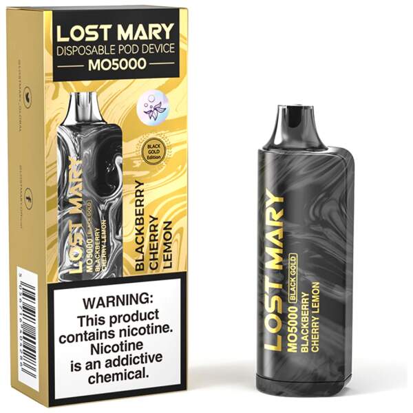 Blackberry Cherry Lemon Lost Mary MO5000 disposable vape with blackberry, cherry, and lemon fruit graphics on a clean background.