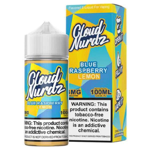Blue Raspberry Lemon Cloud Nurdz 100ml e-liquid bottle with blue raspberry and lemon candy graphics.
