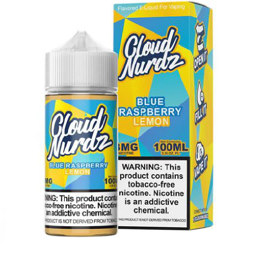 Blue Raspberry Lemon Cloud Nurdz 100Ml Blue Raspberry Lemon Cloud Nurdz 100ml e-liquid bottle with blue raspberry and lemon candy graphics.
