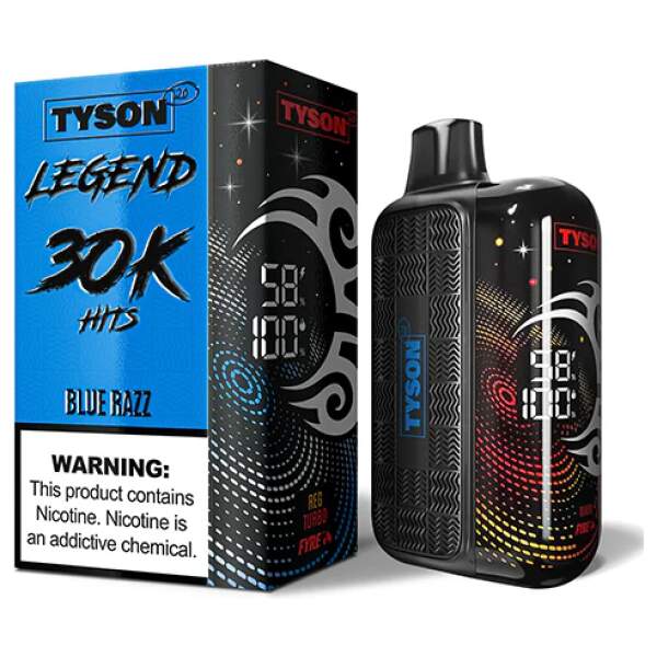 Blue Razz Tyson 2.0 Legend 30K disposable vape with blue raspberry artwork and bright LED display.
