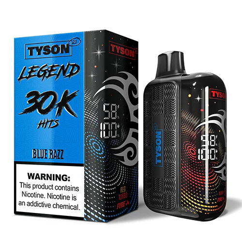 Blue Razz Tyson 2.0 Legend 30K disposable vape with blue raspberry artwork and bright LED display.