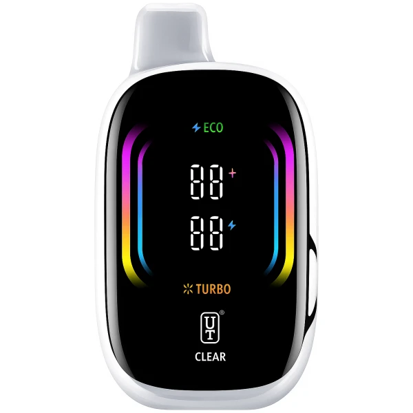 Clear Mello Pro 50K disposable vape with sleek transparent design and smart display.