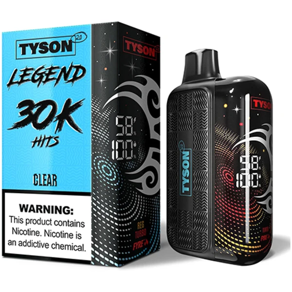 Clear Tyson 2.0 Legend 30K disposable vape with minimalist design and LED display.