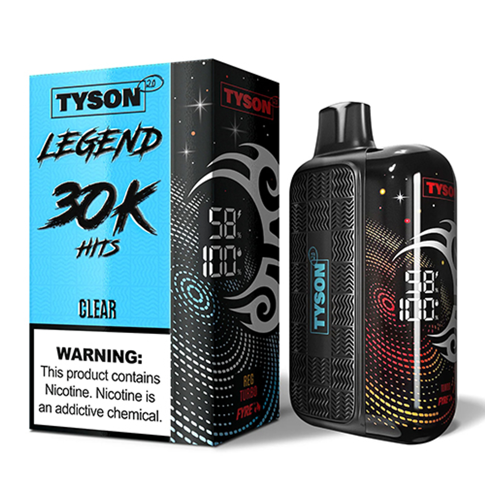 Clear Tyson 2.0 Legend 30K Clear Tyson 2.0 Legend 30K disposable vape with minimalist design and LED display.
