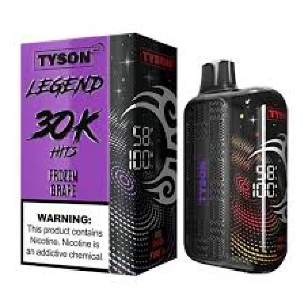 Frozen Grape Tyson 2.0 Legend 30K disposable vape with icy grape design and digital display.