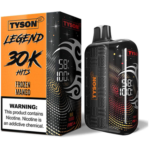 Frozen Mango Tyson 2.0 Legend 30K disposable vape with frosty mango artwork and LED display.