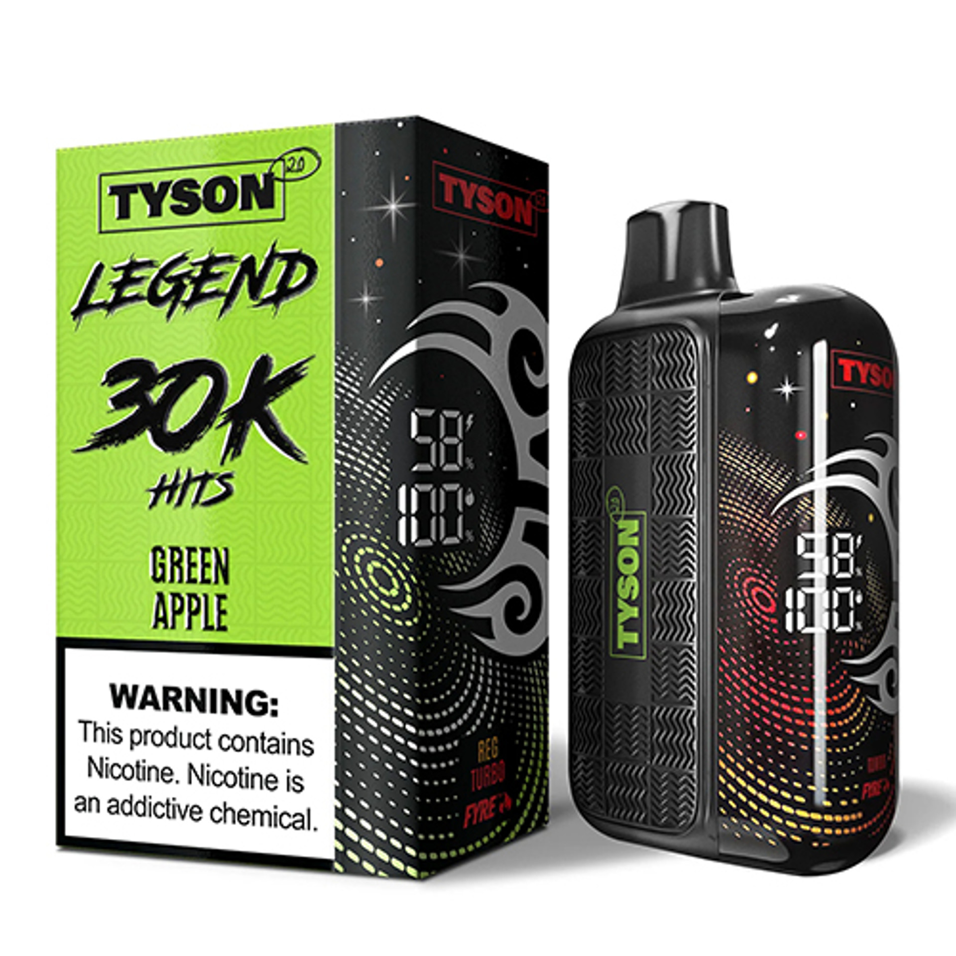 Green Apple Tyson 2.0 Legend 30K disposable vape with green apple artwork and digital display.