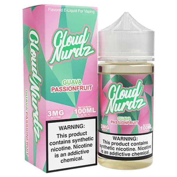 Guava Passionfruit Cloud Nurdz 100ml e-liquid bottle with guava and passionfruit candy graphics.