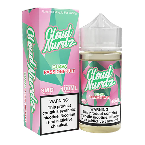 Guava Passionfruit Cloud Nurdz 100ml e-liquid bottle with guava and passionfruit candy graphics.