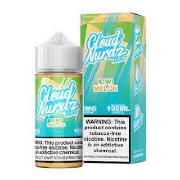 Iced Melon Kiwi Cloud Nurdz 100ml e-liquid bottle with melon, kiwi, and icy mint-style graphics.
