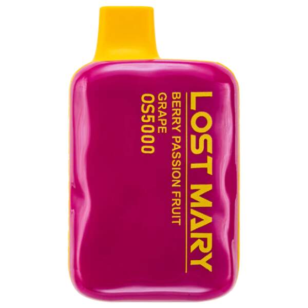 Berry Passion Fruit Grape Lost Mary OS5000 Zero Nic disposable vape with berry, passion fruit, and grape graphics on a clean background.