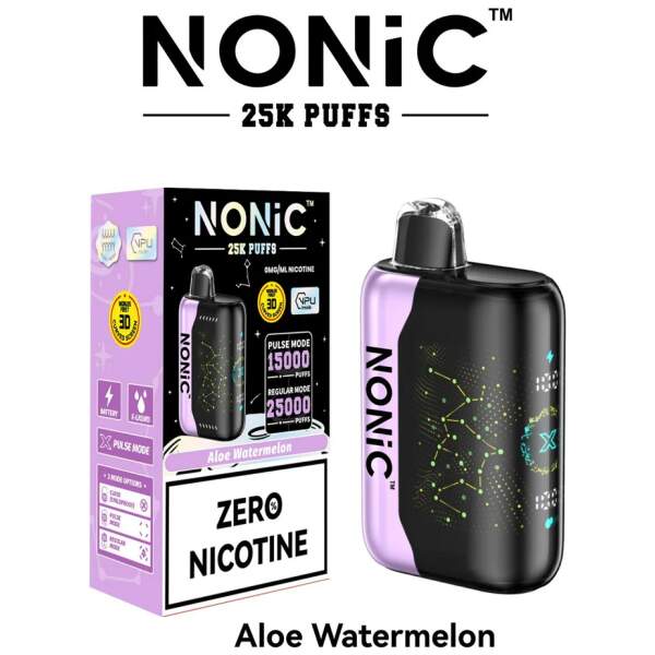 Aloe Watermelon NONiC 25K disposable vape with aloe plant and ripe watermelon design.