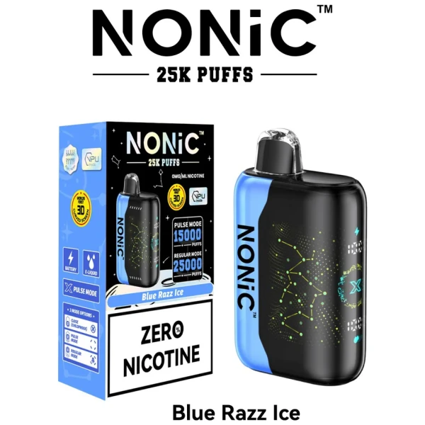 Blue Razz Ice NONiC 25K disposable vape with blue raspberry and ice-themed artwork.