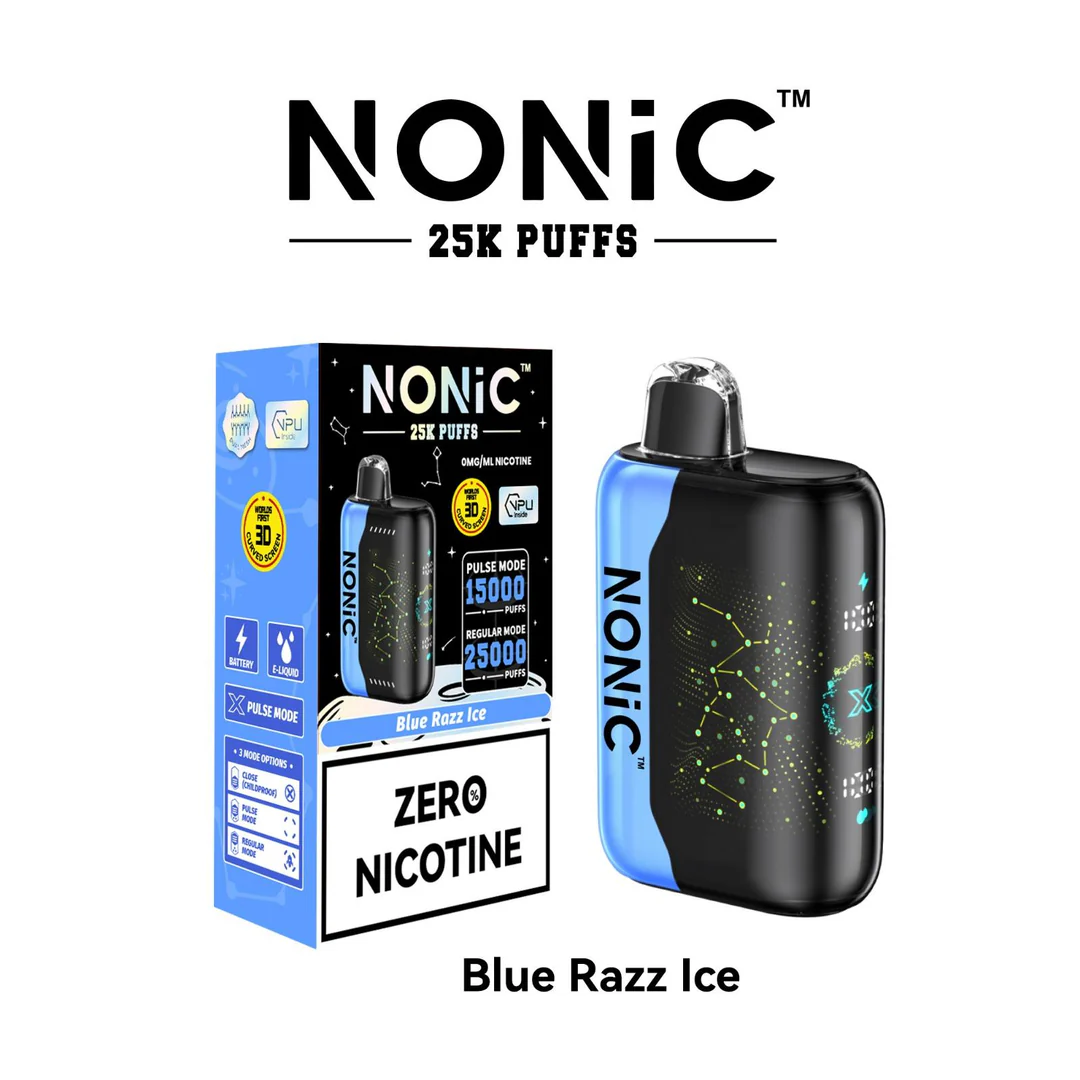 Blue Razz Ice NONiC 25K disposable vape with blue raspberry and ice-themed artwork.