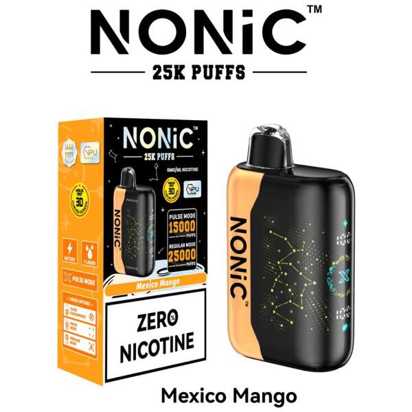 Mexico Mango NONiC 25K disposable vape with tropical mango-themed artwork.