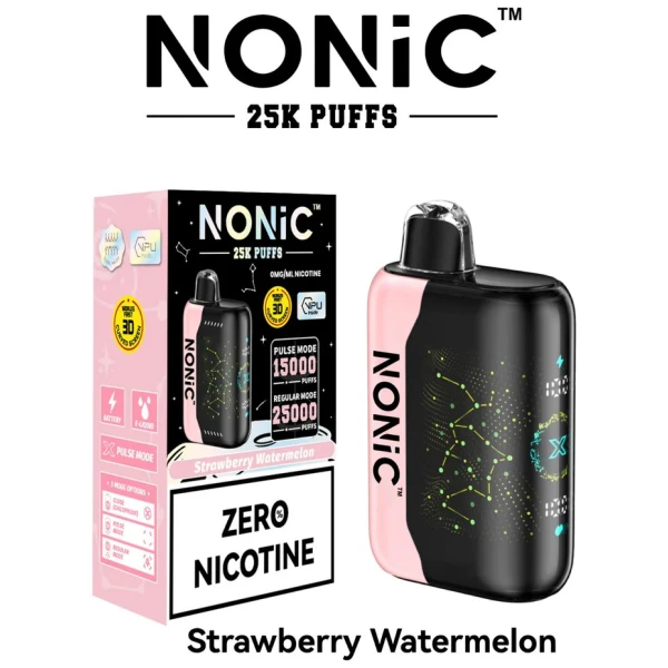 Strawberry Watermelon NONiC 25K disposable vape with strawberry and watermelon graphics on the device.