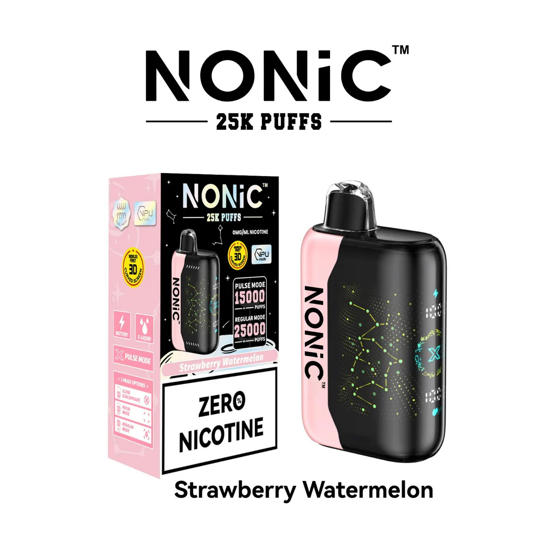 Strawberry Watermelon NONiC 25K disposable vape with strawberry and watermelon graphics on the device.