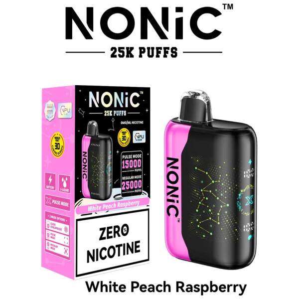 White Peach Rasperry NONiC 25K disposable vape with white peach and raspberry graphics on the device.