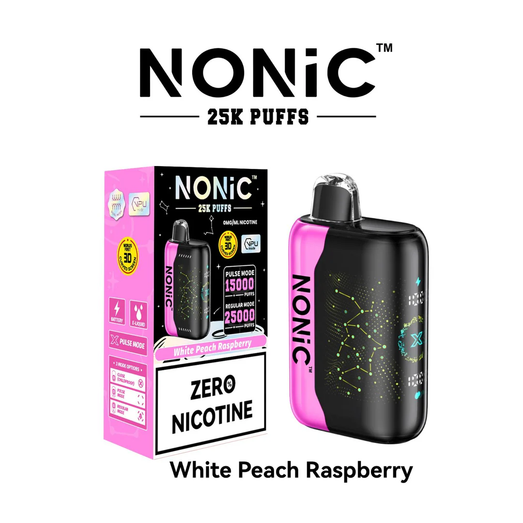 Nonic 25K White Peach Rasperry White Peach Rasperry NONiC 25K disposable vape with white peach and raspberry graphics on the device.