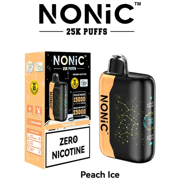 Peach Ice NONiC 25K disposable vape with peach fruit and frosty ice-themed accents.