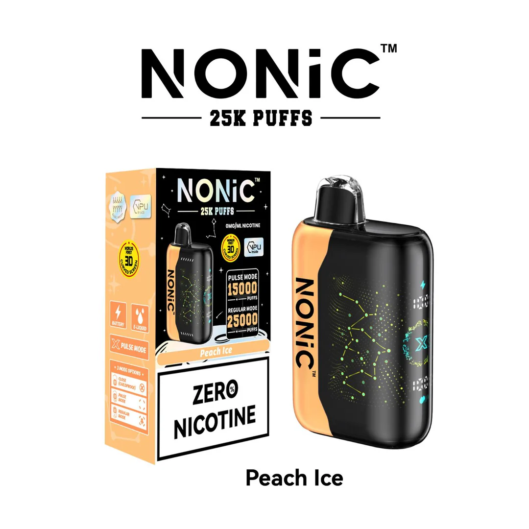 Peach Ice NONiC 25K disposable vape with peach fruit and frosty ice-themed accents.