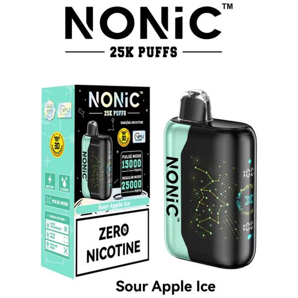 Sour Apple Ice NONiC 25K disposable vape with sour green apple and icy frost design.