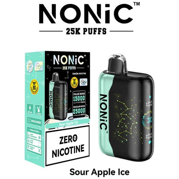Sour Apple Ice NONiC 25K disposable vape with sour green apple and icy frost design.