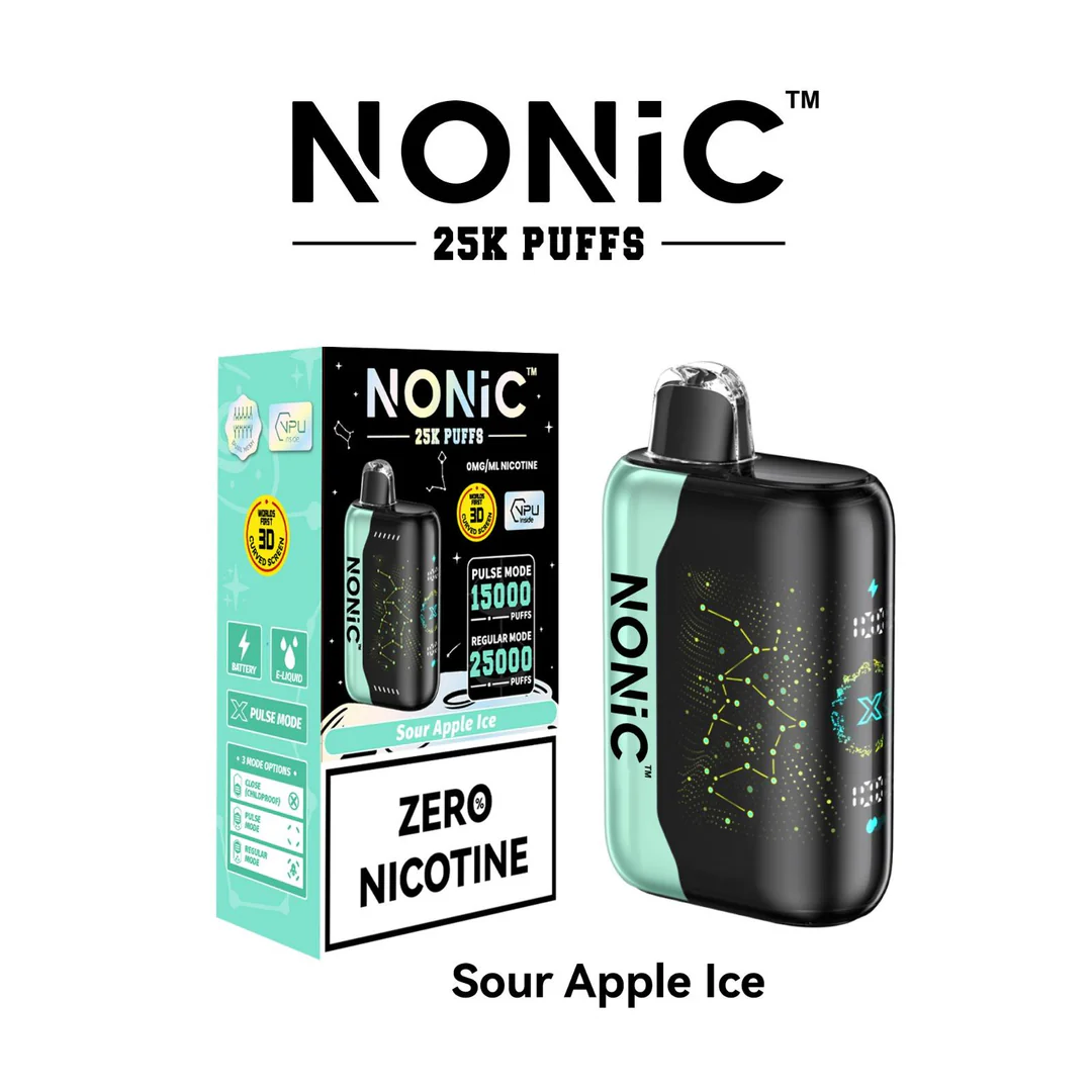 Sour Apple Ice NONiC 25K disposable vape with sour green apple and icy frost design.