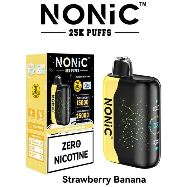 Strawberry Banana NONiC 25K disposable vape with strawberry and banana fruit graphics.